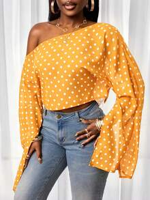 BamGleam Women's Polka Dot Asymmetrical Shoulder Casual Versatile Daily Wear Blouse - Orange - View 3