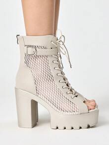 ROMWE Fairycore Women Heeled Sandals~ 2026 New Fashion Spring And Autumn Jazz Dance High Heels Peep Toe Sandals Women Thick Heel Hollow Ankle Boots Lace Up Thick Heel Dance Cool Boots Women Y2K - Khaki - View 4