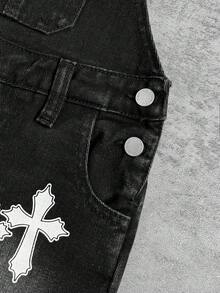 Quần yếm rộng rãi bằng vải denim đen họa tiết chữ thập dành cho bé trai. - màu đen - Xem 5
