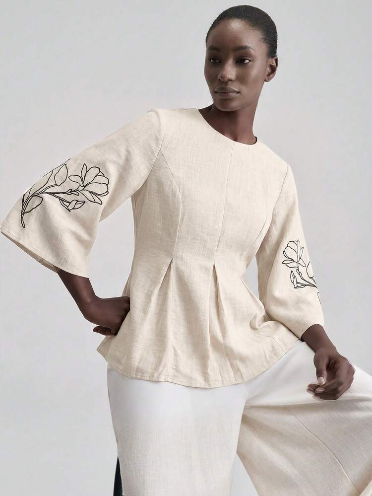 2026SS New Embroidered Colorblock Flare Sleeve Gathered Waist Casual Shirt For Women, Suitable For Independence Day, Urban Chic, Minimalist Commute, Wedding Guest, Holiday, Valentine's Day, Elegant, Teacher's Day, Tea Party, Party, Casual Daily Wear, Office, Festival, Back To School, Vacation, Fashion Versatile A-Line Blouse