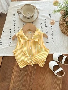 SHEIN LMoss Kids 女婴夏季碎花印花休闲梭织衬衫 - 芥末黃 - 查看 6
