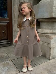 Dazy Kids Young Girl Colorblock Houndstooth Print Lapel Single-Breasted Ruffle Hem Dress Summer - Khaki - View 5