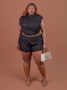 CurvyTilda PLUS SIZE WOMEN BATWING SLEEVE SOLID POCKET ROMPER WITH BELT, For Hourglass Body Shape - Black - View 7