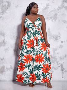 CurvyTilda Vestido sin mangas con estampado de plantas tropicales para mujer de talla grande, para vacaciones y fiestas, para figura de reloj de arena - Multicolor - Ver 5