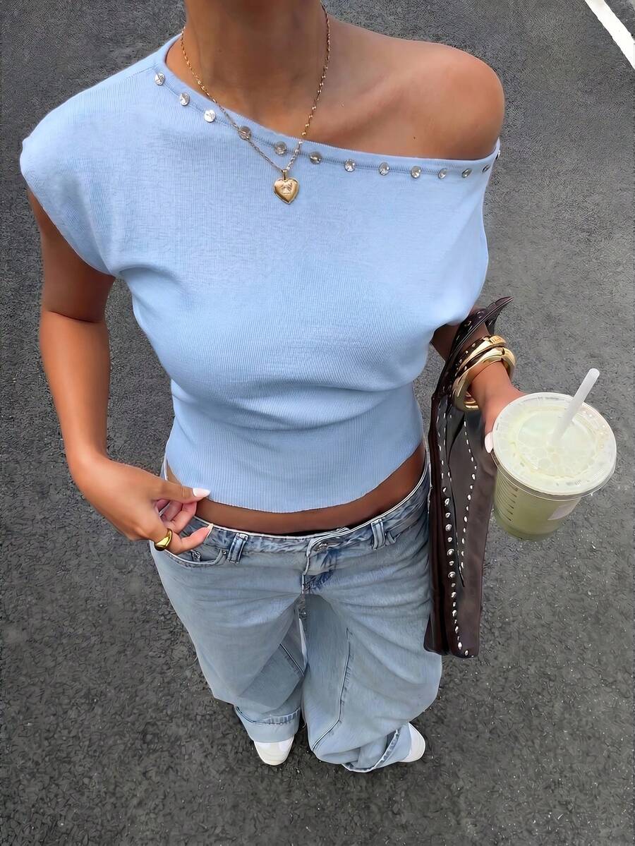 Muchica Women's Solid Color Asymmetrical Shoulder Casual Versatile Knit Top For Daily Wear - Blue - View 1