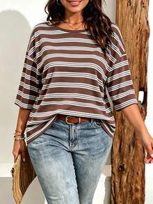 EMERY ROSE Plus Size Women's Fashion Minimalist Striped Print Drop Shoulder T-Shirt, Suitable For Summer Wear - Multicolor - View 3