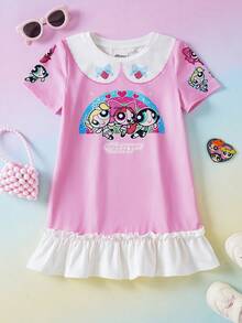 THE POWERPUFF GIRLS X SHEIN 1pc Young Girl Cute Style Round Neck Short Sleeve Loose Comfortable Collaboration Pajama Dress - Multicolor - View 1