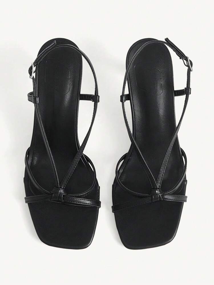 CUCCOO CHICEST Women's Shoes Cross Strap Open-Toed Square Toe Stiletto Fashion Commuter Black PU Leather Heels Sandals Dating Afternoon Tea