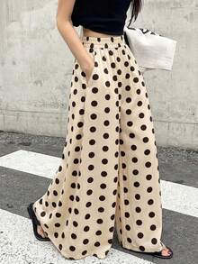 Pantalones de pierna ancha con estampado de lunares y cintura elástica para mujer - Albaricoque - Ver 6