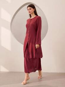 Graceveil Blouse décontractée élégante pour femmes à col rond, coupe laser, ourlet ondulé, manches longues et nœud devant. Couleur unie. - Lie de vin - Voir 6