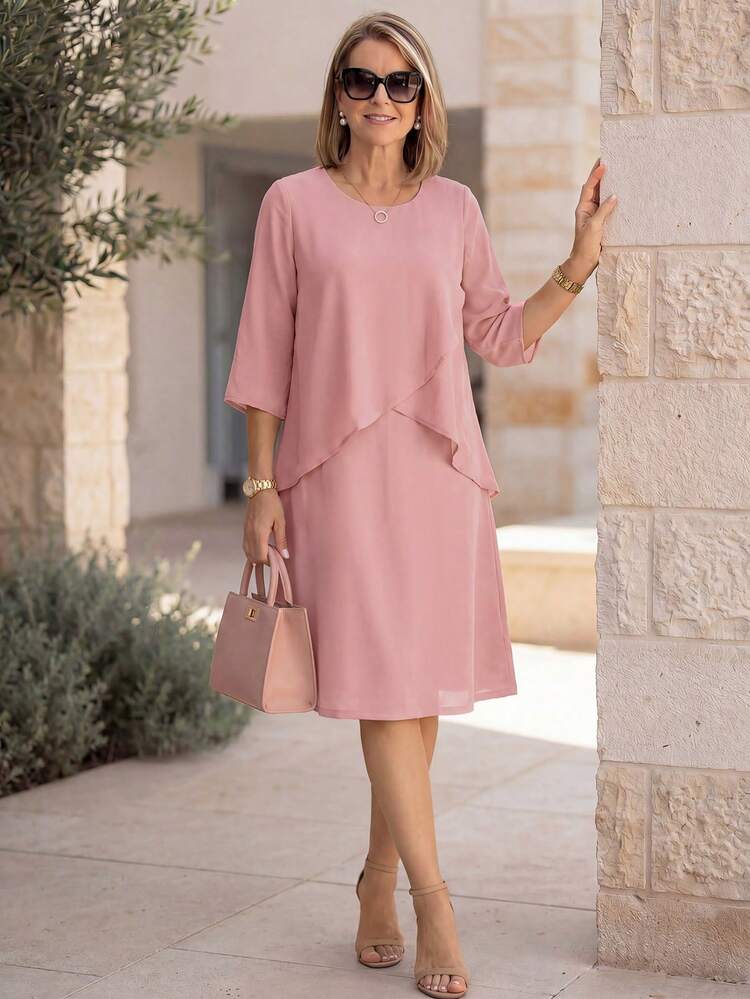 Women's Solid Color Layered Design Casual Dress,Summer Dress,Festival Dresses,Going Out Dress,Elegant Dresses For Women,Pink Dress