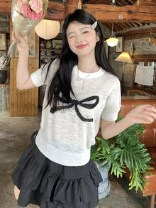 DAZY 女士圆领蝴蝶结装饰撞色针织上衣 - 白色 - 查看 8