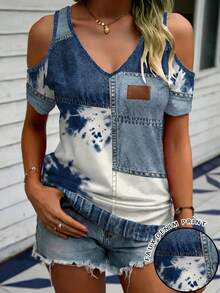 EMERY ROSE Patchwork Design Graphic Print V-Neck Off Shoulder Short Sleeve T-Shirt - Multicolor - View 1