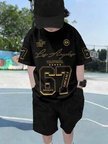 儿童/青少年男童休闲简约时尚经典Y2K风格印花T恤，印有数字67图案，运动风短袖圆领T恤，适合通勤、上学、日常休闲穿着、运动以及春夏季节穿着。 - 黑色 - 查看 4