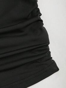 Sweetra Petite 女款金屬花飾不對稱領口上衣與百褶層次迷你裙套裝，夏季，小個女款 - 黑色 - 查看 8