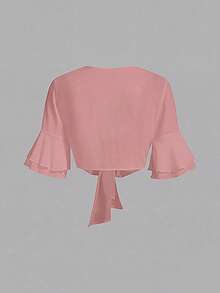 Qadelle Solid Color Cropped Shirt With Flared Sleeves And Front Tie - Baby Pink - View 2