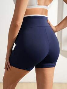 SHEIN Maternity Navy Blue Elastic Waist Asymmetric Sports Shorts,Summer Casual Gym Vacation Outfits For Women,Holiday Beach Clothes,Summer Outfit For Women - Navy Blue - View 2