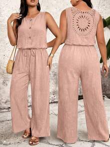 Breezaya Mono de talla grande de unicolor con cuello redondo, espalda descubierta, sin mangas, cintura elástica y botones - Rosa - Ver 1