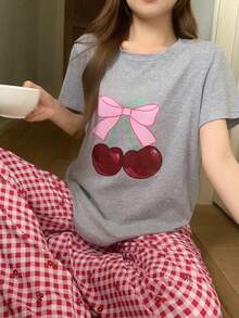 DAZY 2件套女士樱桃图案短袖T恤和格子直筒长裤睡衣套装，夏季 - 灰色 - 查看 1