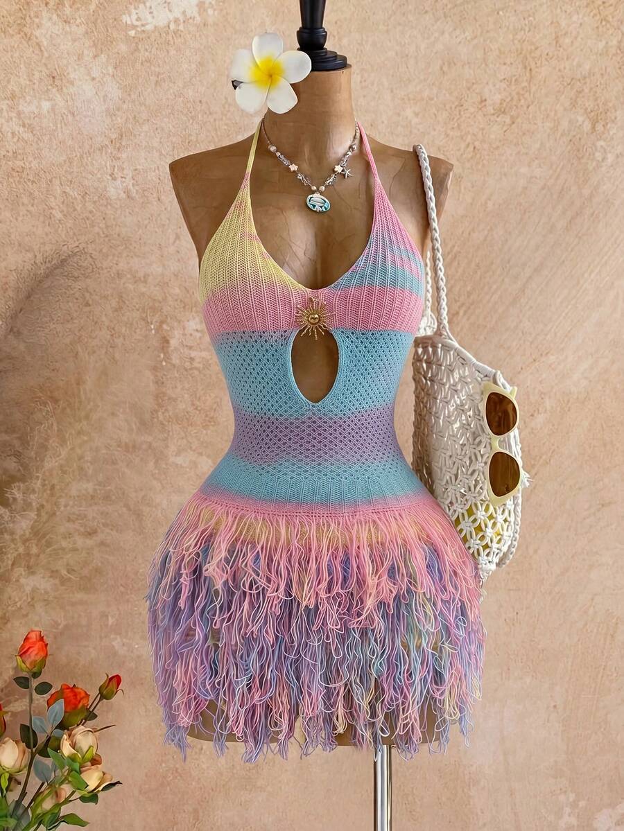 SaltGleam SaltGleam Women's Contrast Color Fringe Hem Hollow Out Design Halter Neck Knit Dress - Multicolor - View 1