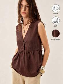 SHEIN Camiseta sin mangas casual de algodón puro con cuello en V profundo, decoración de botones y bajo empalmado, estilo retro francés, adecuada para viajes de verano y atuendos de vacaciones - Marrón - Ver 1