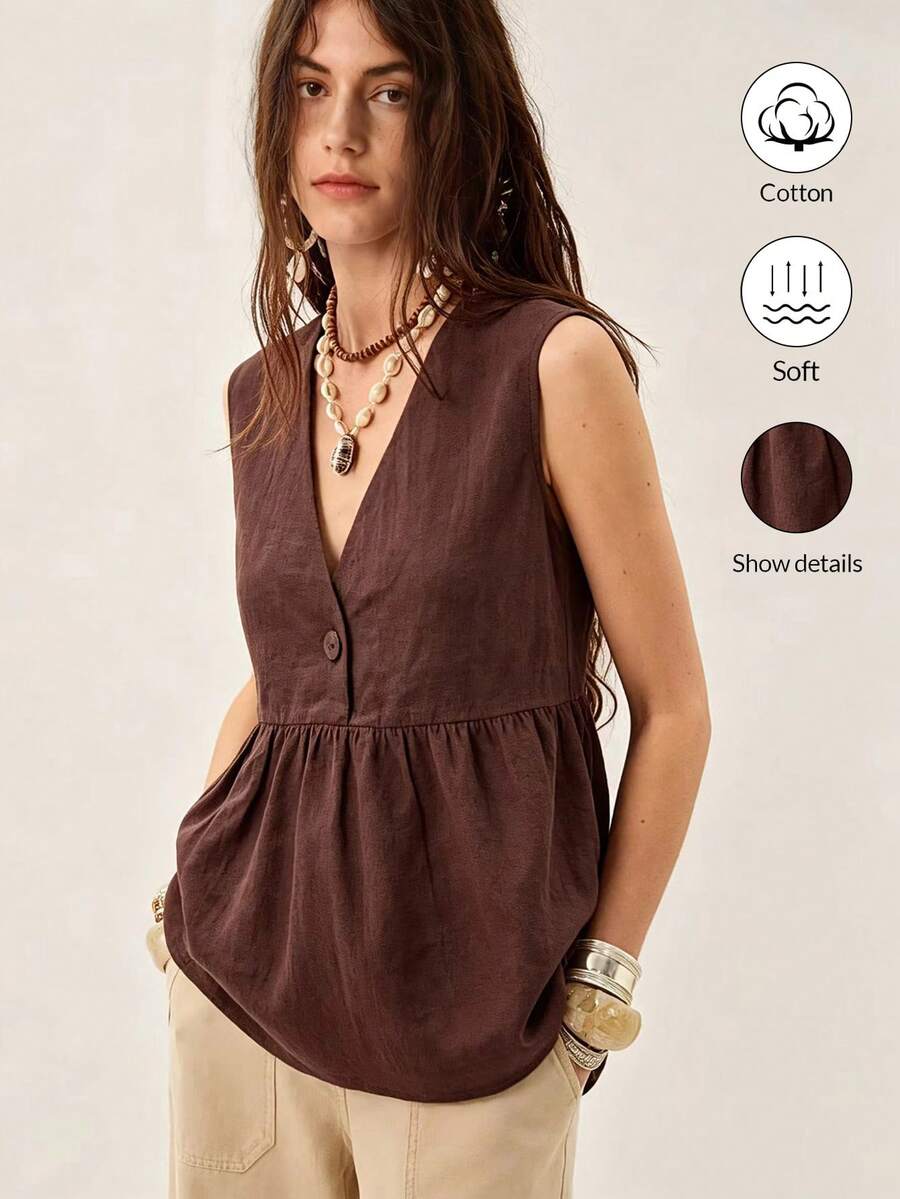 SHEIN Camiseta sin mangas casual de algodón puro con cuello en V profundo, decoración de botones y bajo empalmado, estilo retro francés, adecuada para viajes de verano y atuendos de vacaciones - Marrón - Ver 1