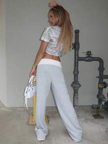 Brooke Lily 女士冬季街头服饰外出休闲返校复古日常服饰 Y2K 罗纹针织白色翻领长裤法式灰色喇叭裤 - 灰色 - 查看 2