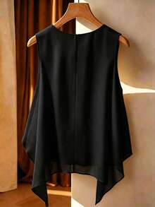 Franclia Blusa de gasa sin mangas con lazo y bajo asimétrico, estilo de moda resort, primavera/verano, talla grande - Negro - Ver 2