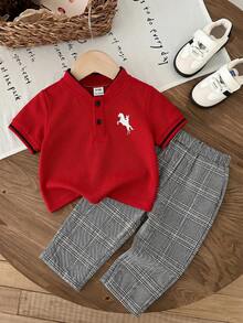 Bubblio Bộ đồ 2 món cho bé trai, gồm áo polo tay ngắn và quần kẻ caro cạp chun, kiểu dáng thường ngày, phù hợp cho tiệc sinh nhật, tiệc tối, biểu diễn, đám cưới, tiệc mừng em bé chào đời, lễ kỷ niệm sinh nhật lần thứ nhất. - Nhiều màu - Xem 6
