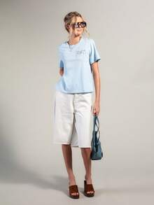 Rouah Casual Boxy Embroidered Lets Get Lost Together Tassel Oversized T-Shirt For Women - Perfect For Summer - Blue - View 3