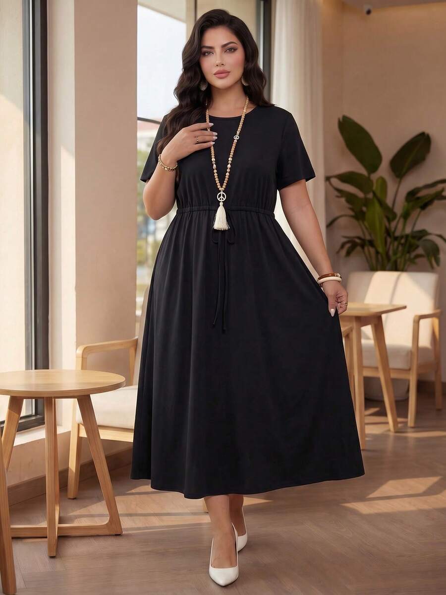 SHEIN Lady CURVE 大码女士夏装短袖连衣裙黑色连衣裙休闲女装夏季连衣裙女士节日连衣裙 - 黑色 - 查看 1