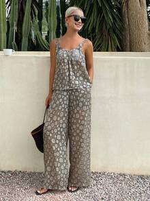 Livesso Spring Summer Floral Print Large Flower Bohemian Style Fashion Yellow Camisole Tank Top Straight Leg Casual Pants Long Pants Set Loose Casual Vacation Beach Beach Elegant Commute Women 2-Piece Set - Grey - View 3