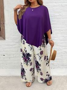 EMERY ROSE Conjunto informal de mujer talla grande con top de cuello redondo de unicolor y pantalones de pierna ancha con estampado floral - Multicolor - Ver 4