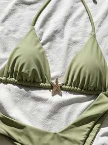 Swim Mod Women's Solid Color Spaghetti Strap Metal Decor Sexy Bikini Set, Summer - Green - View 5