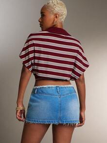 Denimoi Cinched Waist Collared Striped Polo Top Fashionable Tops Collared Top Daily Casual - Multicolor - View 2