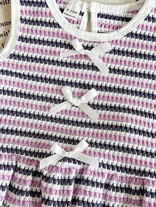 SHEIN Baby Girls' Round Neck Sleeveless White & Pink Striped Bow Decor Set - Purple - View 3