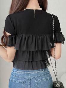FRIFUL Camiseta Feminina Versátil e na Moda com Bainha Multicamadas, Adequada para Encontros - Preto - Visão 2