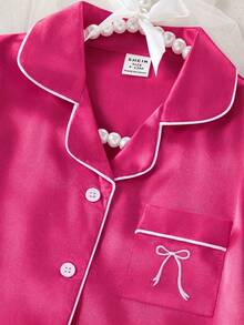 1 Set Baby Girls Hot Pink Satin Pajama Set, Lapel Short Sleeve Top & Ruffle Pants, Summer Cute - Watermelon Pink - View 6