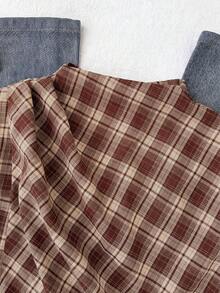 SHEIN 少女褶皱领衬衫，优雅的办公服饰，百搭时尚单品，适合工作、休闲外出、派对等场合，棕色格子图案 - 酒紅色 - 查看 6