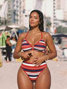 Slaydiva 2026 Summer New Plus Size Women's Striped V-Neck High Waist Triangle Bikini Two Pieces Swimwear Beach White - Multicolor - View 5