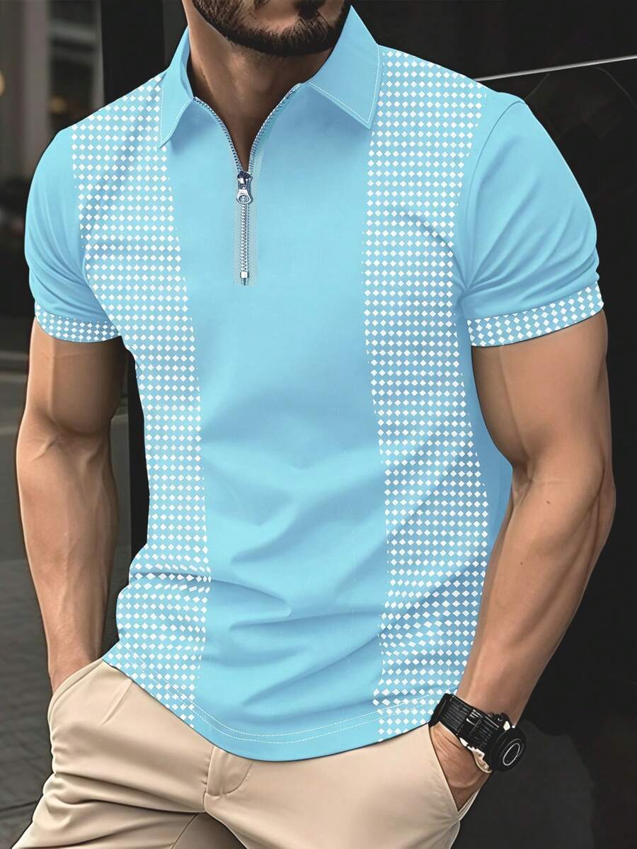 Manfinity Mode Áo polo nam thời trang, đa năng, in họa tiết hình học, có khóa kéo. - Màu xanh nhạt - Xem 1