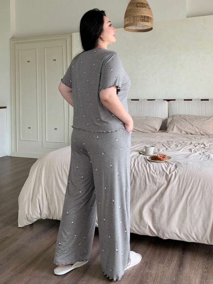 Dazy Plus Plus Size Women Casual Ditsy Floral Short Sleeve 2-Piece Pajama Set, Spring/Summer