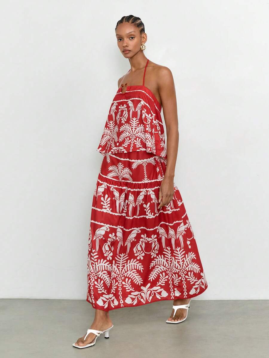 Maija Falda casual de verano holgada con estampado de loro rojo y palmera, con bajo acampanado para mujeres - Rojo - Ver 1