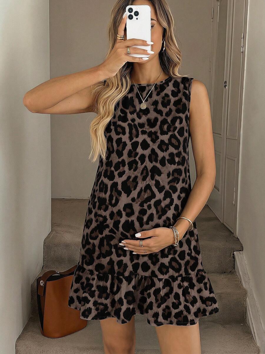 SHEIN Maternity Leopard Print Round Neck Sleeveless Dress - Brown - View 1