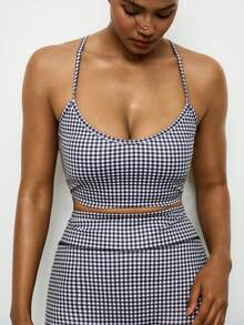 Voyena Plus Size Women Plaid Print Cropped Camisole And High Waist Shorts 2 Pieces Activewear Set,Jogging,Workout Sets Women,2 Piece Tracksuit Women,Women's Sportswear,Tracksuits For Women, - Black and White - View 6