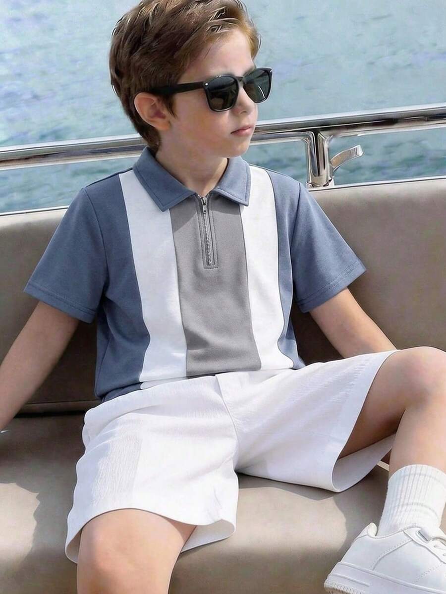 SHEIN 男童短袖 Polo 衫,大童撞色半拉链领 T 恤,大童休闲上衣 - 霧霾藍 - 查看 1