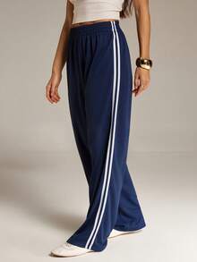 SHEIN Tall 休闲藏蓝色运动裤，侧边条纹设计，打造舒适日常造型 - 藏蓝色 - 查看 5
