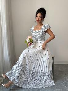 Elenzga Đầm nữ thanh lịch in họa tiết, xếp ly, cổ vuông, dáng chữ A, tay ngắn, thích hợp cho kỳ nghỉ, dạo phố, đi làm và mùa hè. - trắng - Xem 3