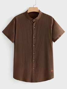 EASEVO Plus Size Men's Casual Solid Color Short Sleeve Shirt, Summer - Coffee Brown - View 1