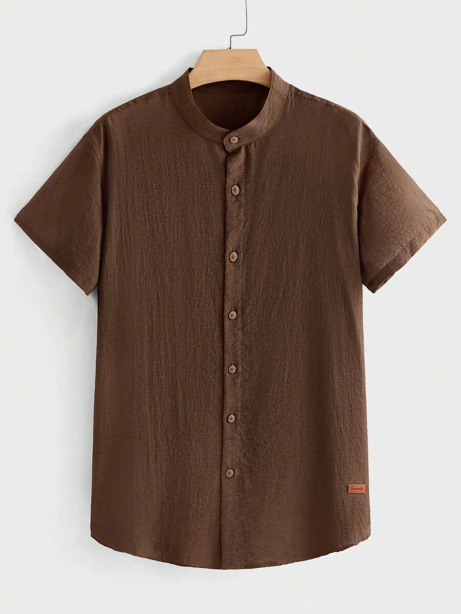 EASEVO Plus Size Men's Casual Solid Color Short Sleeve Shirt, Summer - Coffee Brown - View 1